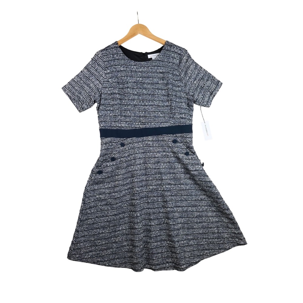 New Liz Claibone Tweed Fit and Flare Midi Dress‎ size 12 Blue/Black/White